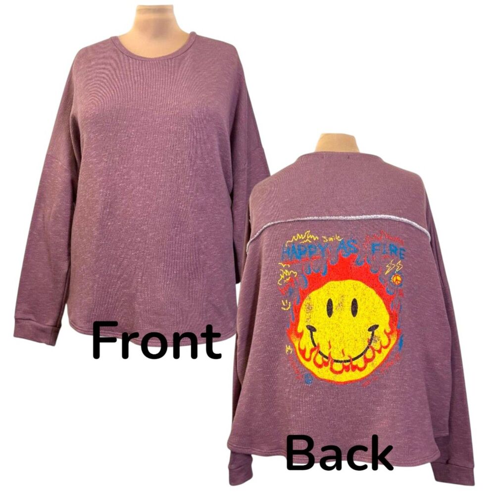 JADE By JANE Oversized HAPPY Smiley Face French Terry Sweatshirt, NWOT, Size 1XL